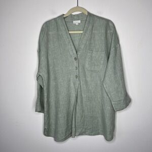 Pure Jill Linen Shirt Womens Large Green Popover Tunic V-Neck 3/4 Sleeve Pocket